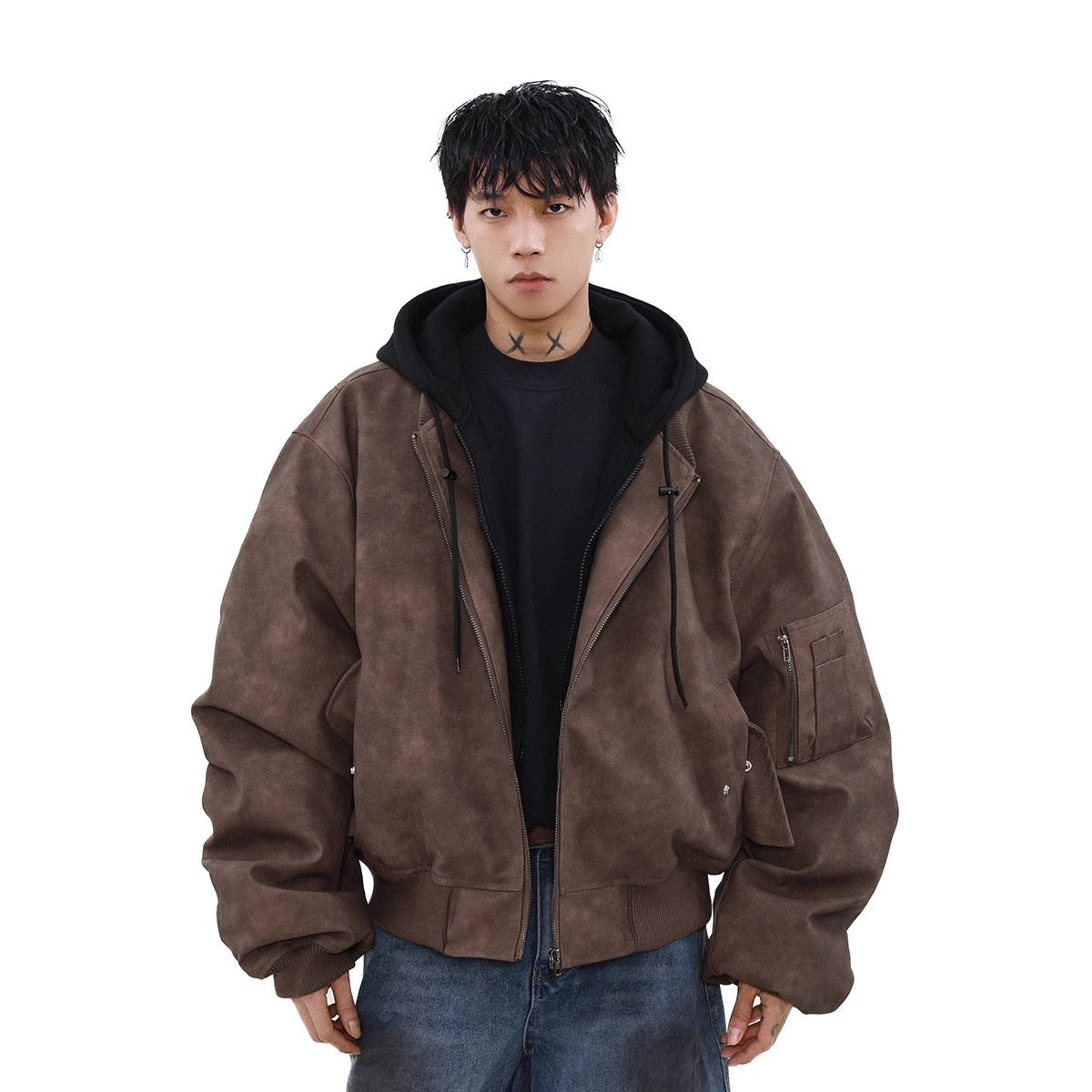 Loose Casual Hooded Coat Idle Style False Two-piece Jackets