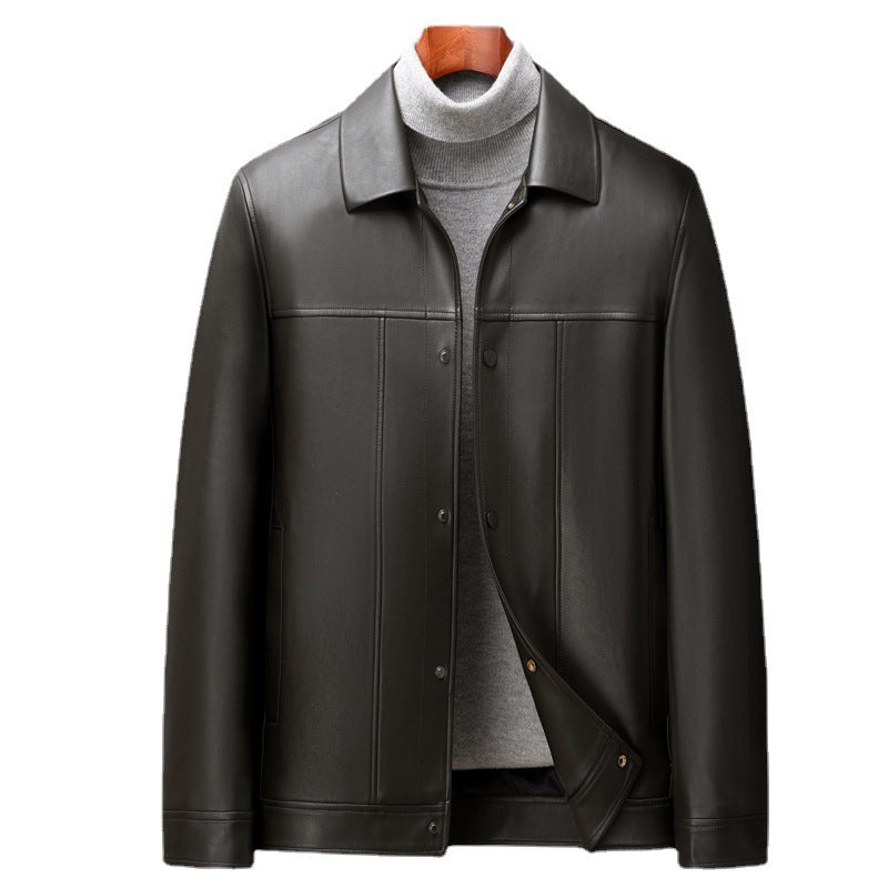 Fashion Polo Collar Thin Multi-color Optional Single-breasted Middle-aged Haining Men's Leather Jackets