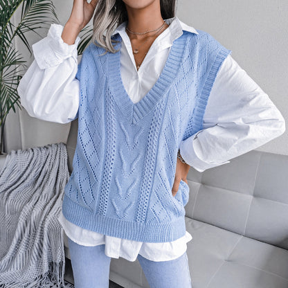 Hollowed-out Twisted V-neck Knitted Vest Sweater For Women