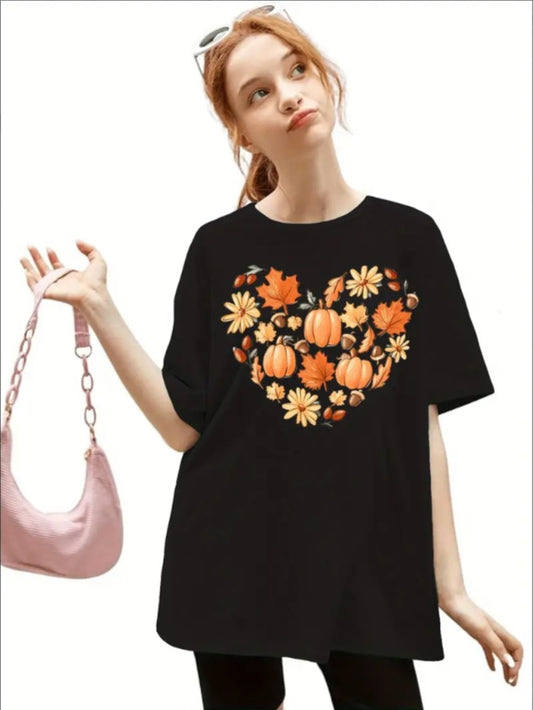 Girls' Cute Pumpkin Print T-Shirt - Comfy Round Neck, Short Sleeve Activewear For Summer